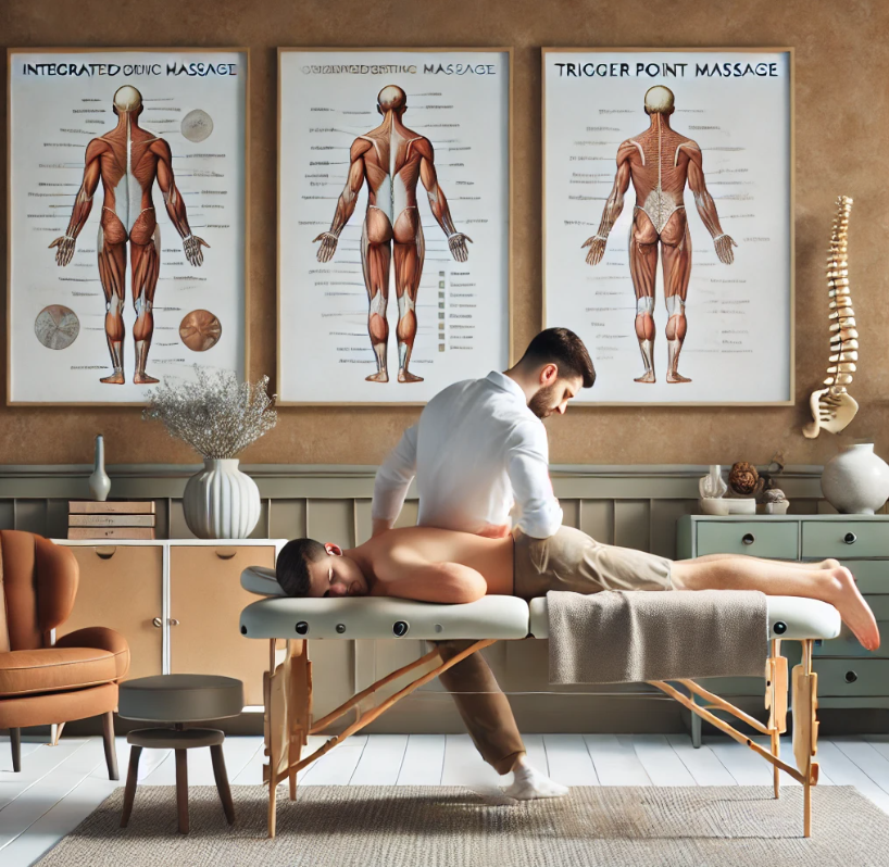 Professional massage therapist performing integrated orthopedic massage on a client's lower back in a serene clinic setting, with educational anatomy charts in the background, illustrating a focused and therapeutic environment.