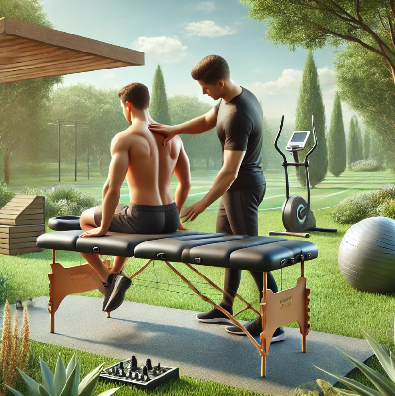 Outdoor setting showing a fit individual receiving a back massage on a portable massage table in a serene park environment. A massage therapist works on the person's back, demonstrating techniques for muscle recovery and flexibility. The scene includes lush greenery, a clear sky, and nearby fitness equipment, emphasizing the blend of outdoor fitness and relaxation through massage