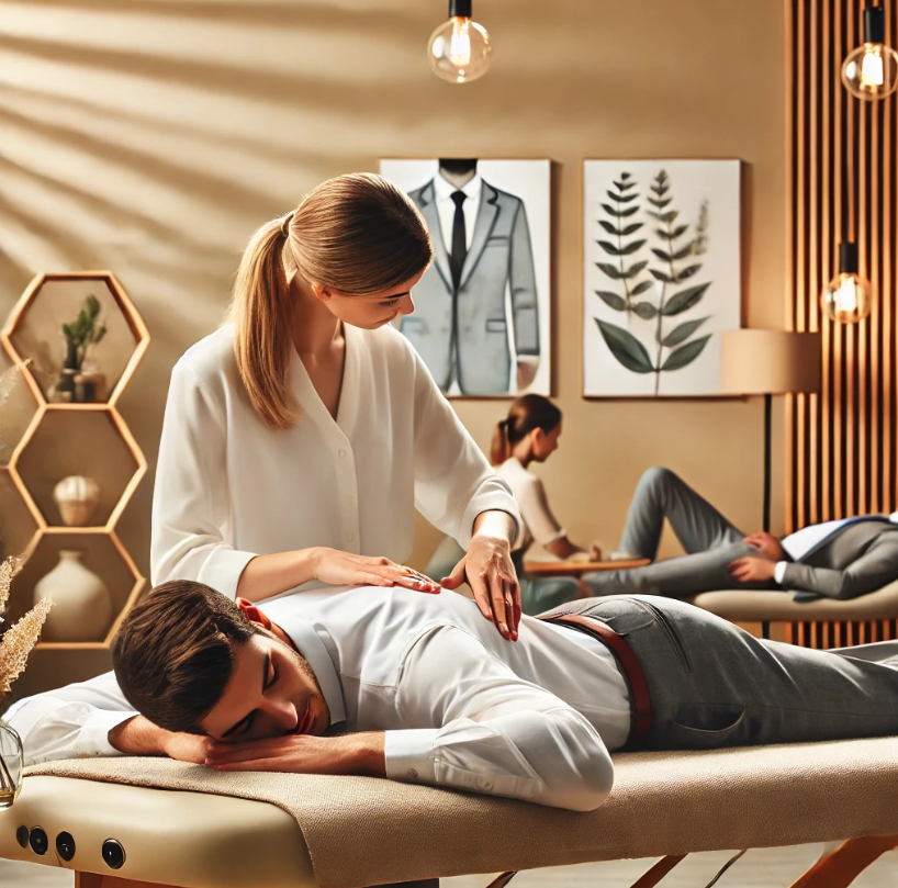 Professional massage therapy session depicting a business professional receiving a back massage from a skilled therapist in a serene and soothing environment, designed to promote relaxation and stress relief for busy professionals.