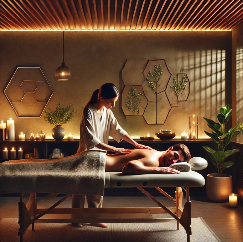 Peaceful massage therapy session in a dimly lit room, featuring a therapist gently massaging a relaxed male client lying face down on a massage table, surrounded by candles, plants, and calming decor with hexagonal and leaf-patterned wall accents.